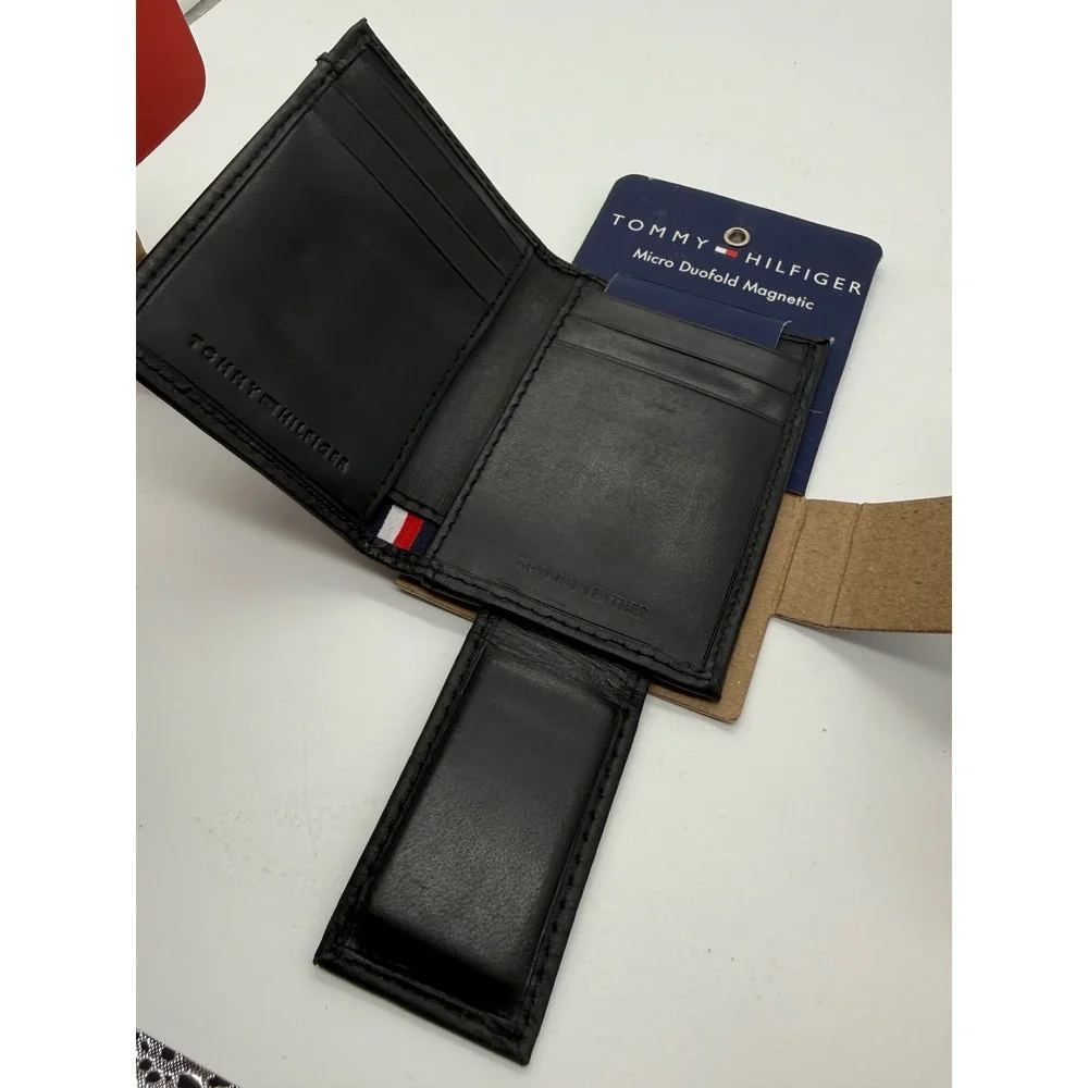 Tommy Hilfiger Mens Micro Duofold Magnetic Wallet Black Leather RFID Slim New